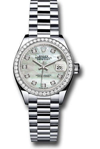 Rolex Platinum Lady-Datejust 28 Watch - 44 Diamond Bezel - Mother-of-Pearl Diamond Dial - President Bracelet - 279136RBR mdp