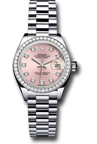 Rolex Platinum Lady-Datejust 28 Watch - 44 Diamond Bezel - Pink Diamond Dial - President Bracelet - 279136RBR pdp