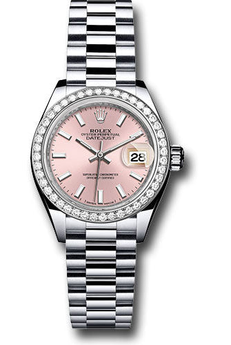 Rolex Platinum Lady-Datejust 28 Watch - 44 Diamond Bezel - Pink Index Dial - President Bracelet - 279136RBR pip