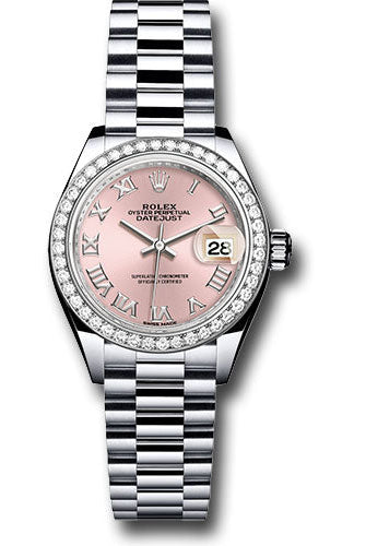 Rolex Platinum Lady-Datejust 28 Watch - 44 Diamond Bezel - Pink Roman Dial - President Bracelet - 279136RBR prp