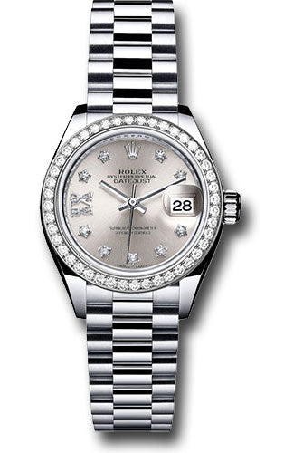 Rolex Platinum Lady-Datejust 28 Watch - 44 Diamond Bezel - Silver Diamond Star Dial - President Bracelet - 279136RBR s9dix8dp