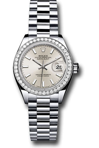 Rolex Platinum Lady-Datejust 28 Watch - 44 Diamond Bezel - Silver Index Dial - President Bracelet - 279136RBR sip