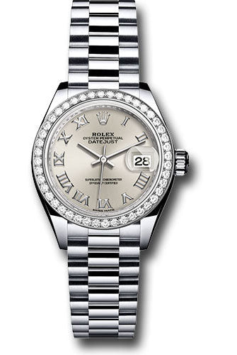Rolex Platinum Lady-Datejust 28 Watch - 44 Diamond Bezel - Silver Roman Dial - President Bracelet - 279136RBR srp