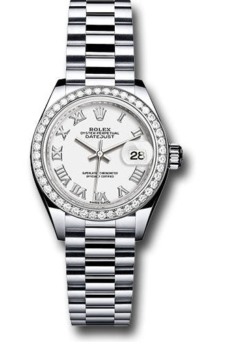 Rolex Platinum Lady-Datejust 28 Watch - 44 Diamond Bezel - White Roman Dial - President Bracelet - 279136RBR wrp