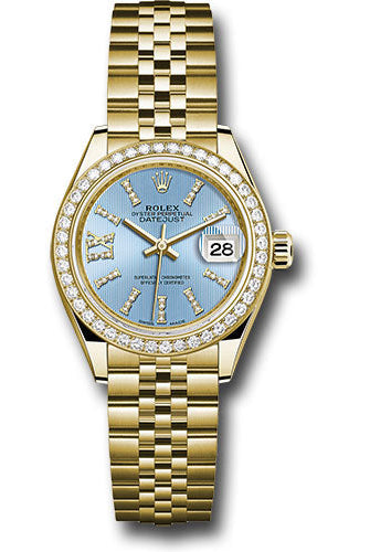 Rolex Yellow Gold Lady-Datejust 28 Watch - 44 Diamond Bezel - Cornflower Blue Stripe Diamond Index Dial - Jubilee Bracelet -