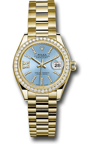 Rolex Yellow Gold Lady-Datejust 28 Watch - 44 Diamond Bezel - Cornflower Blue Stripe Diamond Index Dial - President Bracelet