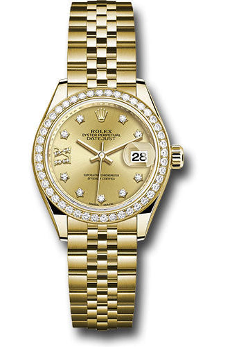 Rolex Yellow Gold Lady-Datejust 28 Watch - 44 Diamond Bezel - Champagne Diamond Star Dial - Jubilee Bracelet - 279138RBR