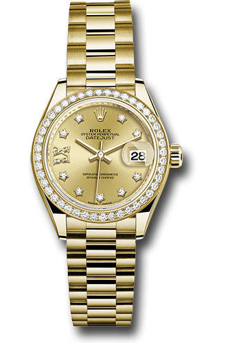 Rolex Yellow Gold Lady-Datejust 28 Watch - 44 Diamond Bezel - Champagne Diamond Star Dial - President Bracelet - 279138RBR