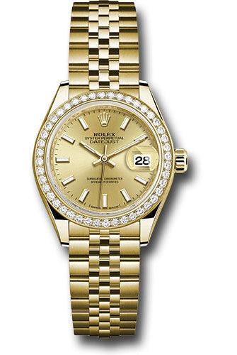 Rolex Yellow Gold Lady-Datejust 28 Watch - 44 Diamond Bezel - Champagne Index Dial - Jubilee Bracelet - 279138RBR chij