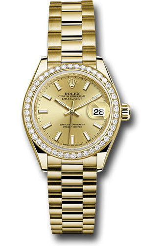 Rolex Yellow Gold Lady-Datejust 28 Watch - 44 Diamond Bezel - Champagne Index Dial - President Bracelet - 279138RBR chip