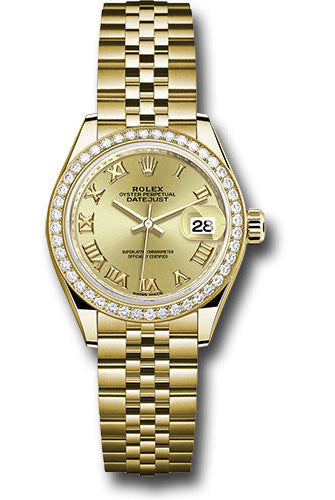 Rolex Yellow Gold Lady-Datejust 28 Watch - 44 Diamond Bezel - Champagne Roman Dial - Jubilee Bracelet - 279138RBR chrj