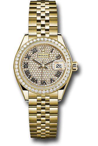 Rolex Yellow Gold Lady-Datejust 28 Watch - 44 Diamond Bezel - Diamond Paved Roman Dial - Jubilee Bracelet - 279138RBR dprj