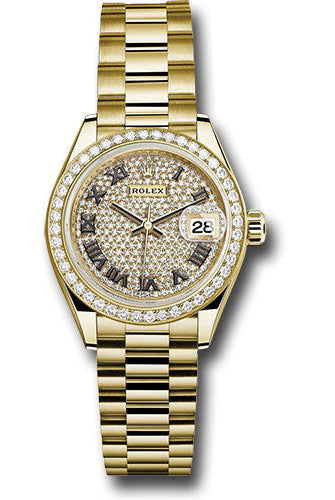 Rolex Yellow Gold Lady-Datejust 28 Watch - 44 Diamond Bezel - Diamond Paved Roman Dial - President Bracelet - 279138RBR dprp