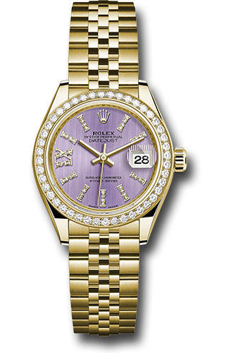 Rolex Yellow Gold Lady-Datejust 28 Watch - 44 Diamond Bezel - Lilac Stripe Diamond Index Dial - Jubilee Bracelet - 279138RBR