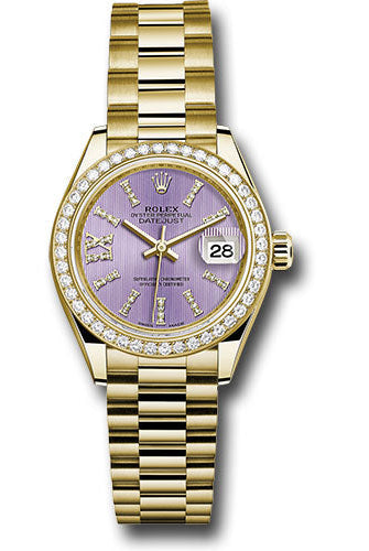 Rolex Yellow Gold Lady-Datejust 28 Watch - 44 Diamond Bezel - Lilac Stripe Diamond Index Dial - President Bracelet -
