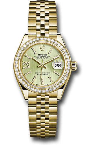 Rolex Yellow Gold Lady-Datejust 28 Watch - 44 Diamond Bezel - Linden Green Strip Diamond Index Dial - Jubilee Bracelet -