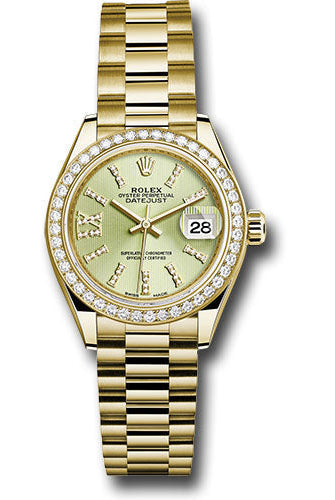 Rolex Yellow Gold Lady-Datejust 28 Watch - 44 Diamond Bezel - Linden Green Strip Diamond Index Dial - President Bracelet -