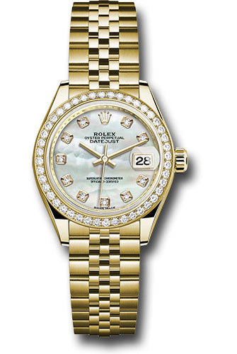 Rolex Yellow Gold Lady-Datejust 28 Watch - 44 Diamond Bezel - Mother-of-Pearl Diamond Dial - Jubilee Bracelet - 279138RBR mdj