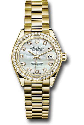 Rolex Yellow Gold Lady-Datejust 28 Watch - 44 Diamond Bezel - Mother-of-Pearl Diamond Dial - President Bracelet - 279138RBR