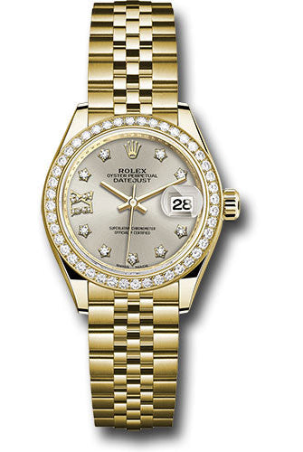 Rolex Yellow Gold Lady-Datejust 28 Watch - 44 Diamond Bezel - Silver Diamond Star Dial - Jubilee Bracelet - 279138RBR