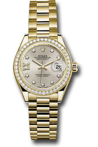 Rolex Yellow Gold Lady-Datejust 28 Watch - 44 Diamond Bezel - Silver Diamond Star Dial - President Bracelet - 279138RBR