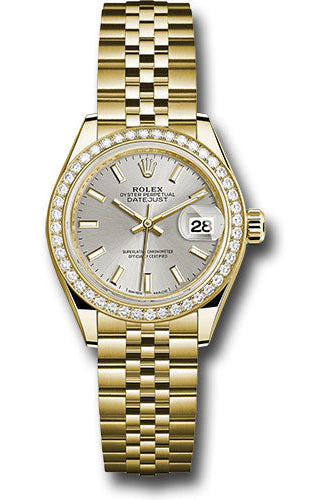 Rolex Yellow Gold Lady-Datejust 28 Watch - 44 Diamond Bezel - Silver Index Dial - Jubilee Bracelet - 279138RBR sij
