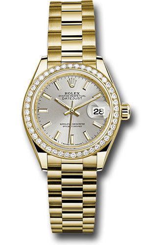 Rolex Yellow Gold Lady-Datejust 28 Watch - 44 Diamond Bezel - Silver Index Dial - President Bracelet - 279138RBR sip
