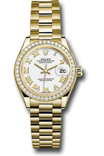 Rolex Yellow Gold Lady-Datejust 28 Watch - 44 Diamond Bezel - White Roman Dial - President Bracelet - 279138RBR wrp