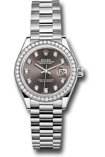 Rolex White Gold Lady-Datejust Watch - 44 Diamond Bezel - Dark Grey Diamond Dial - President Bracelet - 279139rbr dkgdp