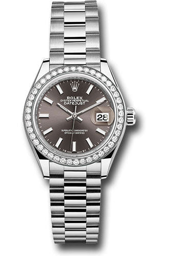 Rolex White Gold Lady-Datejust Watch - 44 Diamond Bezel - Dark Grey Index Dial - President Bracelet - 279139rbr dkgip