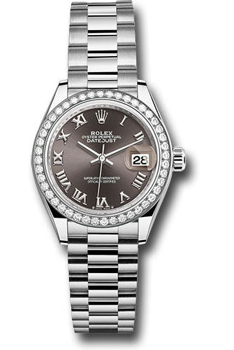Rolex White Gold Lady-Datejust Watch - 44 Diamond Bezel - Dark Grey Roman Dial - President Bracelet - 279139rbr dkgrp