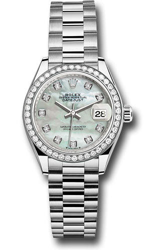 Rolex White Gold Lady-Datejust Watch - 44 Diamond Bezel - White Mother-Of-Pearl Diamond Dial - President Bracelet -