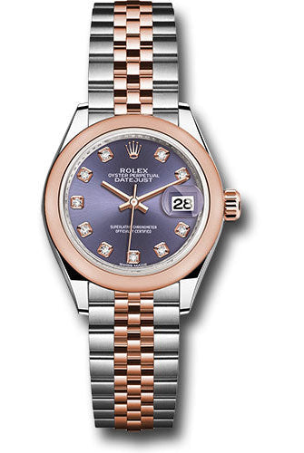 Rolex Steel and Everose Gold Rolesor Lady-Datejust 28 Watch - Domed Bezel - Aubergine Diamond Dial - Jubilee Bracelet -