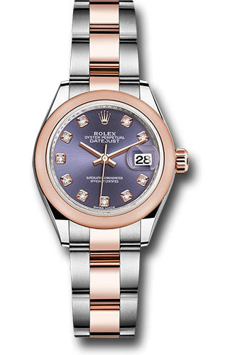 Rolex Steel and Everose Gold Rolesor Lady-Datejust 28 Watch - Domed Bezel - Aubergine Diamond Dial - Oyster Bracelet -