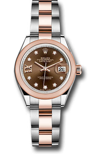 Rolex Steel and Everose Gold Rolesor Lady-Datejust 28 Watch - Domed Bezel - Chocolate Diamond Star Dial - Oyster Bracelet -