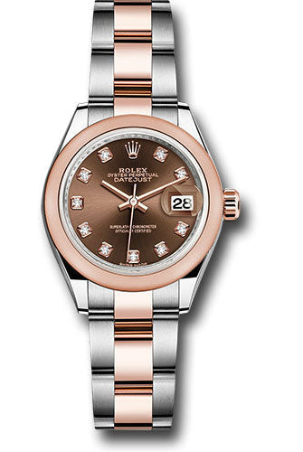 Rolex Steel and Everose Gold Rolesor Lady-Datejust 28 Watch - Domed Bezel - Chocolate Diamond Dial - Oyster Bracelet -