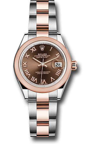 Rolex Steel and Everose Gold Rolesor Lady-Datejust 28 Watch - Domed Bezel - Chocolate Roman Dial - Oyster Bracelet - 279161