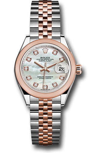 Rolex Steel and Everose Gold Rolesor Lady-Datejust 28 Watch - Domed Bezel - White Mother-Of-Pearl Diamond Dial - Jubilee