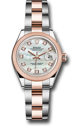 Rolex Steel and Everose Gold Rolesor Lady-Datejust 28 Watch - Domed Bezel - White Mother-Of-Pearl Diamond Dial - Oyster