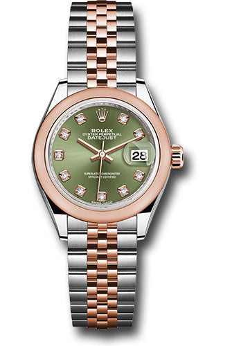 Rolex Steel and Everose Gold Rolesor Lady-Datejust 28 Watch - Domed Bezel - Olive Green Diamond Dial - Jubilee Bracelet -
