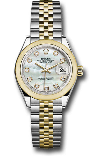 Rolex Steel and Yellow Gold Rolesor Lady-Datejust 28 Watch - Domed Bezel - White Mother-Of-Pearl Diamond Dial - Jubilee