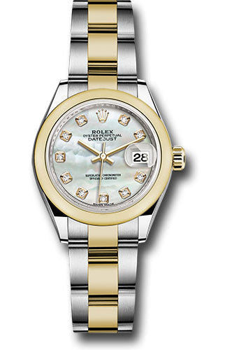 Rolex Steel and Yellow Gold Rolesor Lady-Datejust 28 Watch - Domed Bezel - White Mother-Of-Pearl Diamond Dial - Oyster