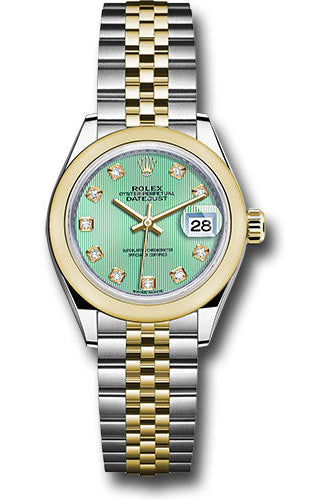 Rolex Steel and Yellow Gold Rolesor Lady-Datejust 28 Watch - Domed Bezel - Mint Green Diamond Dial - Jubilee Bracelet -