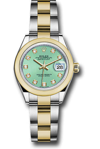 Rolex Steel and Yellow Gold Rolesor Lady-Datejust 28 Watch - Domed Bezel - Mint Green Diamond Dial - Oyster Bracelet -