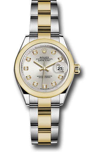 Rolex Steel and Yellow Gold Rolesor Lady-Datejust 28 Watch - Domed Bezel - Silver Diamond Dial - Oyster Bracelet - 279163 sdo
