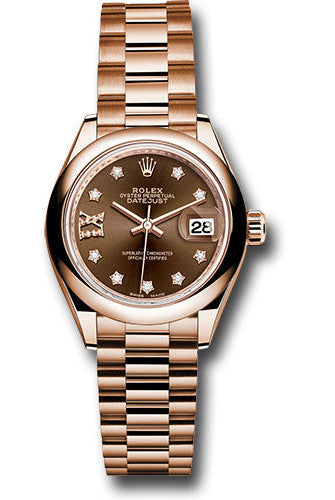 Rolex Everose Gold Lady-Datejust 28 Watch - Domed Bezel - Chocolate Diamond Star Dial - President Bracelet - 279165
