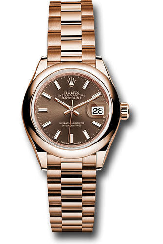 Rolex Everose Gold Lady-Datejust 28 Watch - Domed Bezel - Chocolate Index Dial - President Bracelet - 279165 choip