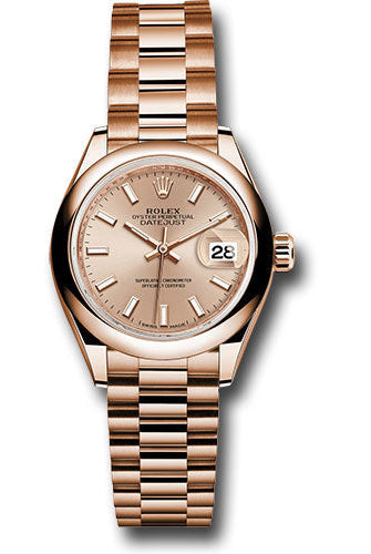 Rolex Everose Gold Lady-Datejust 28 Watch - Domed Bezel - Pink Sundust Index Dial - President Bracelet - 279165 pip