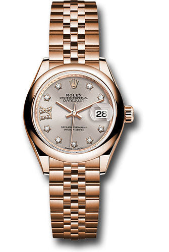 Rolex Everose Gold Lady-Datejust 28 Watch - Domed Bezel - Silver Sundust Diamond Star Dial - Jubilee Bracelet - 279165