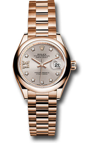Rolex Everose Gold Lady-Datejust 28 Watch - Domed Bezel - Silver Sundust Diamond Star Dial - President Bracelet - 279165